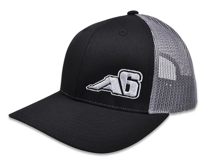 A6™ Low-Pro Trucker Snapback Hat – Black/Grey with Embroidered Logo