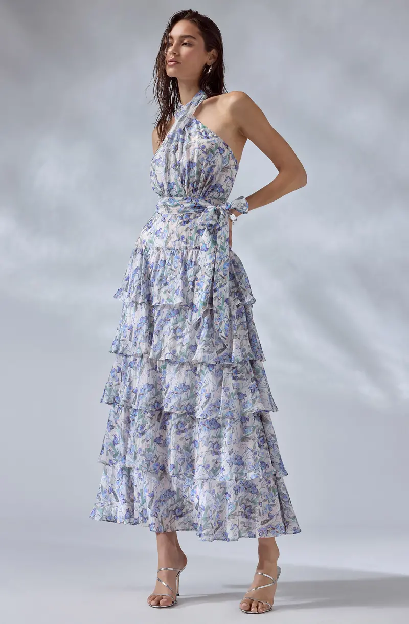 Adamaris Halter Maxi Dress with Floral Print and Tiered Ruffles