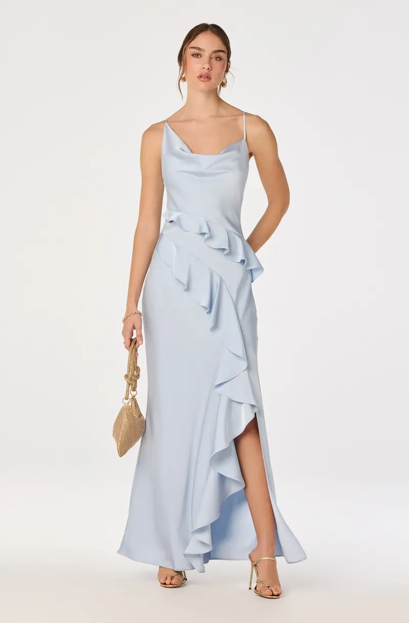 Adelina Ruffled Satin Maxi Dress with Elegant Drape