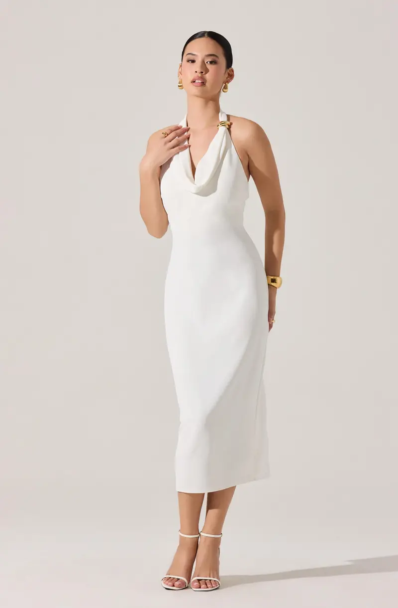 Alanna Halter Cowl-Neck Midi Dress – Sculptural Knit Design
