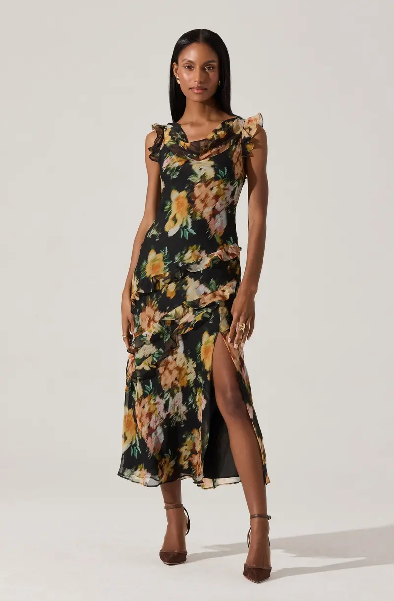 Alinta Floral Cowl-Neck Midi Dress with Ruffles