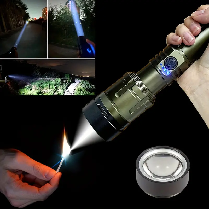 All-in-One Outdoor Flashlight – Rechargeable Torch with Firestarter Lens, Power Bank Function & Rugged Aluminum Body