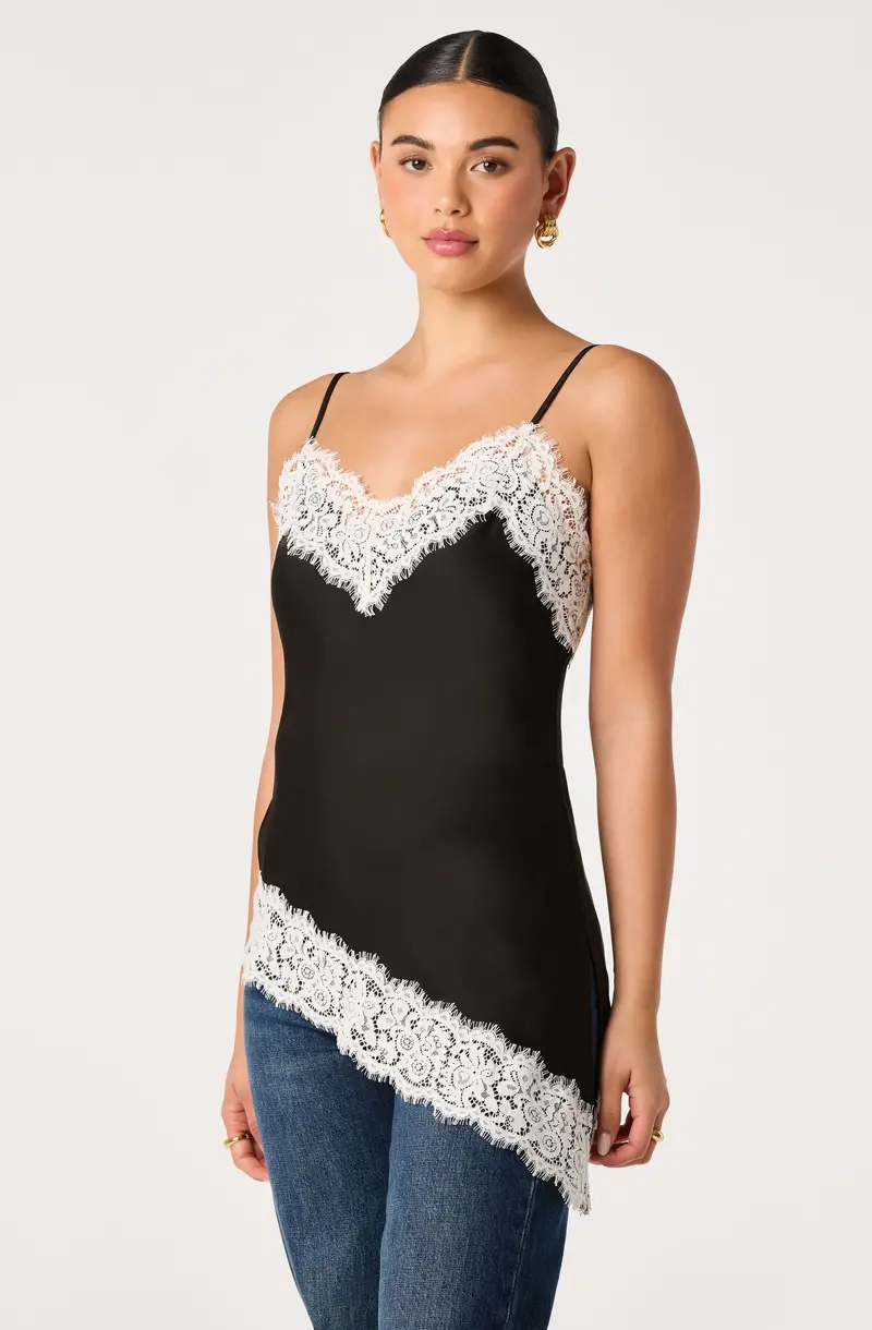 Analise Asymmetrical Tank with Delicate Lace Trim