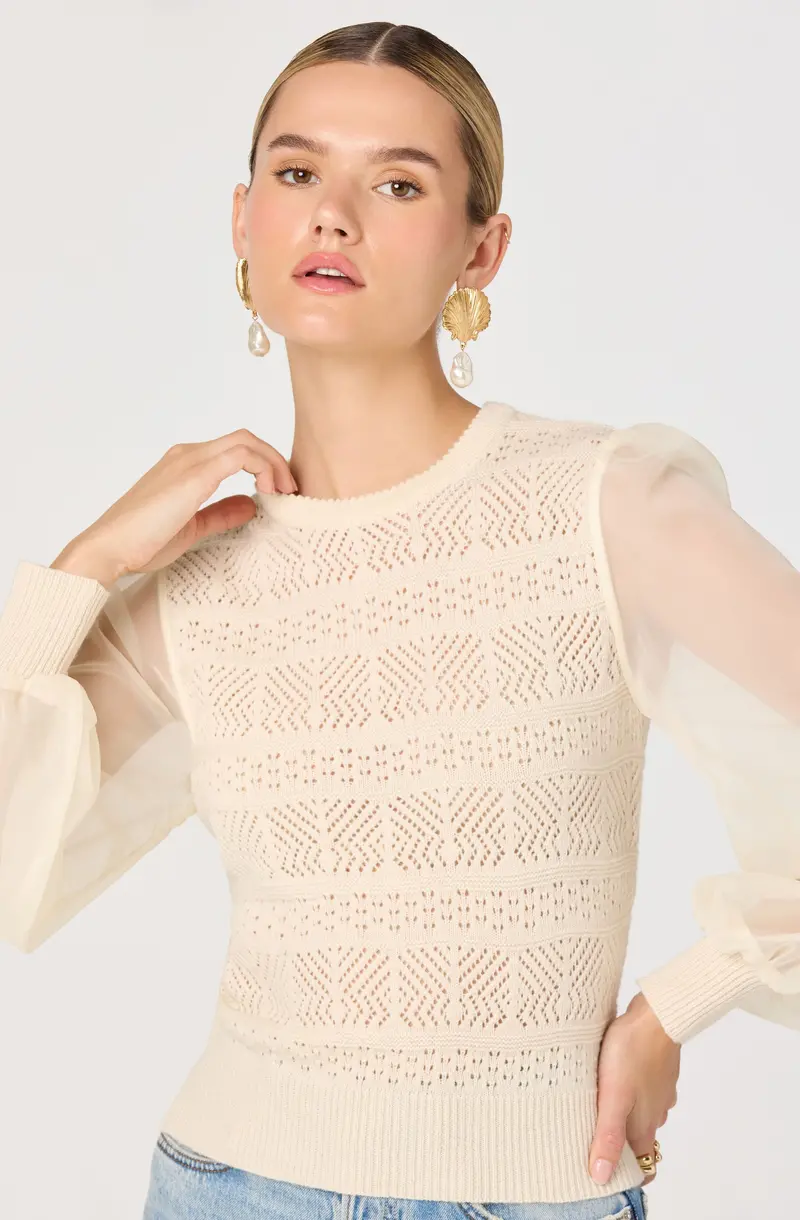 Ann Crochet-Style Balloon-Sleeve Knit Sweater