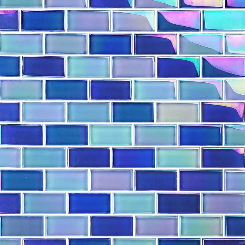 Aqua Blue Mix Iridescent 1×2 Glass Mosaic Tile for Pool Waterline Installations