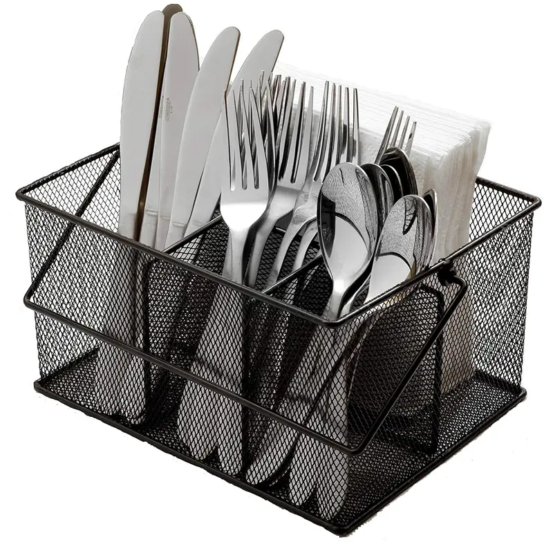 Ashman Black Steel Mesh Flatware Caddy – Kitchen and Outdoor Cutlery Organizer with Napkin & Condiment Holders