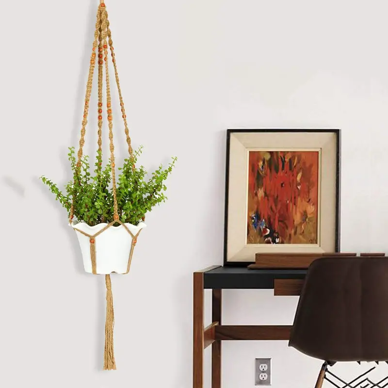 AshmanOnline Macramé Plant Hanger – 48-Inch Jute Hanging Planter with Beaded Accents and Four Support Legs