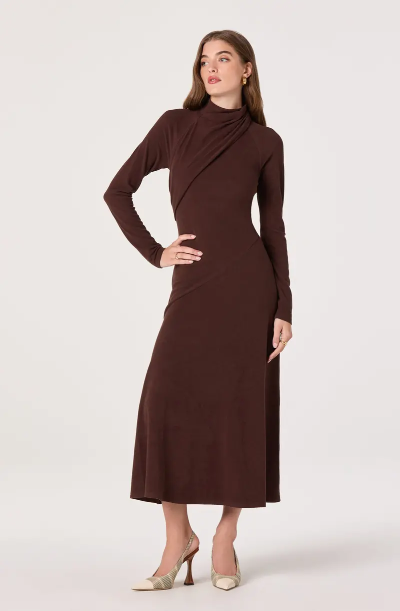 Asymmetrical Draped Midi Dress with Mock Neck