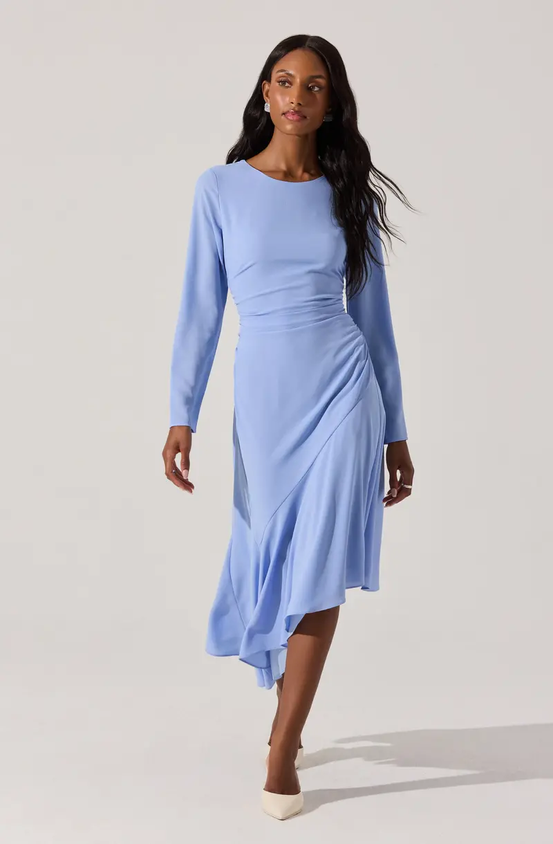 Asymmetrical Hem Long-Sleeve Midi Dress