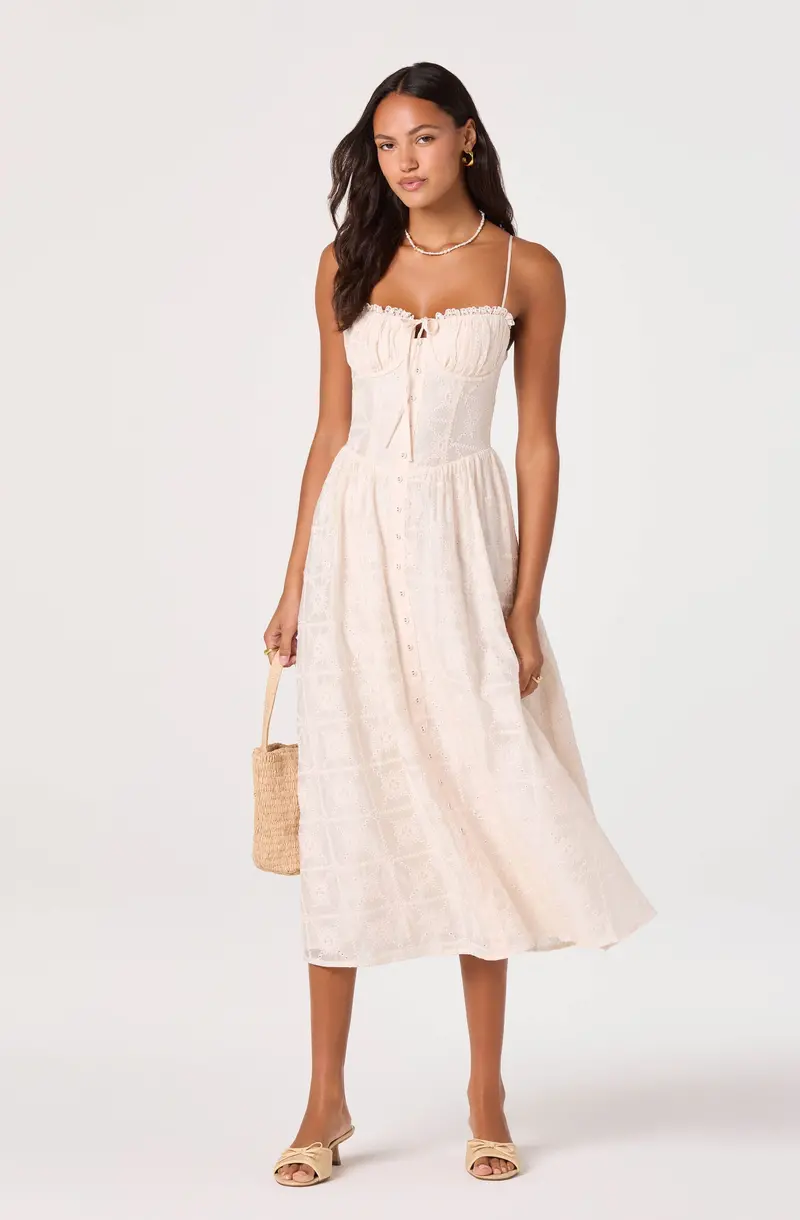 Aubrey Sweetheart Midi Dress with Eyelet Embroidery