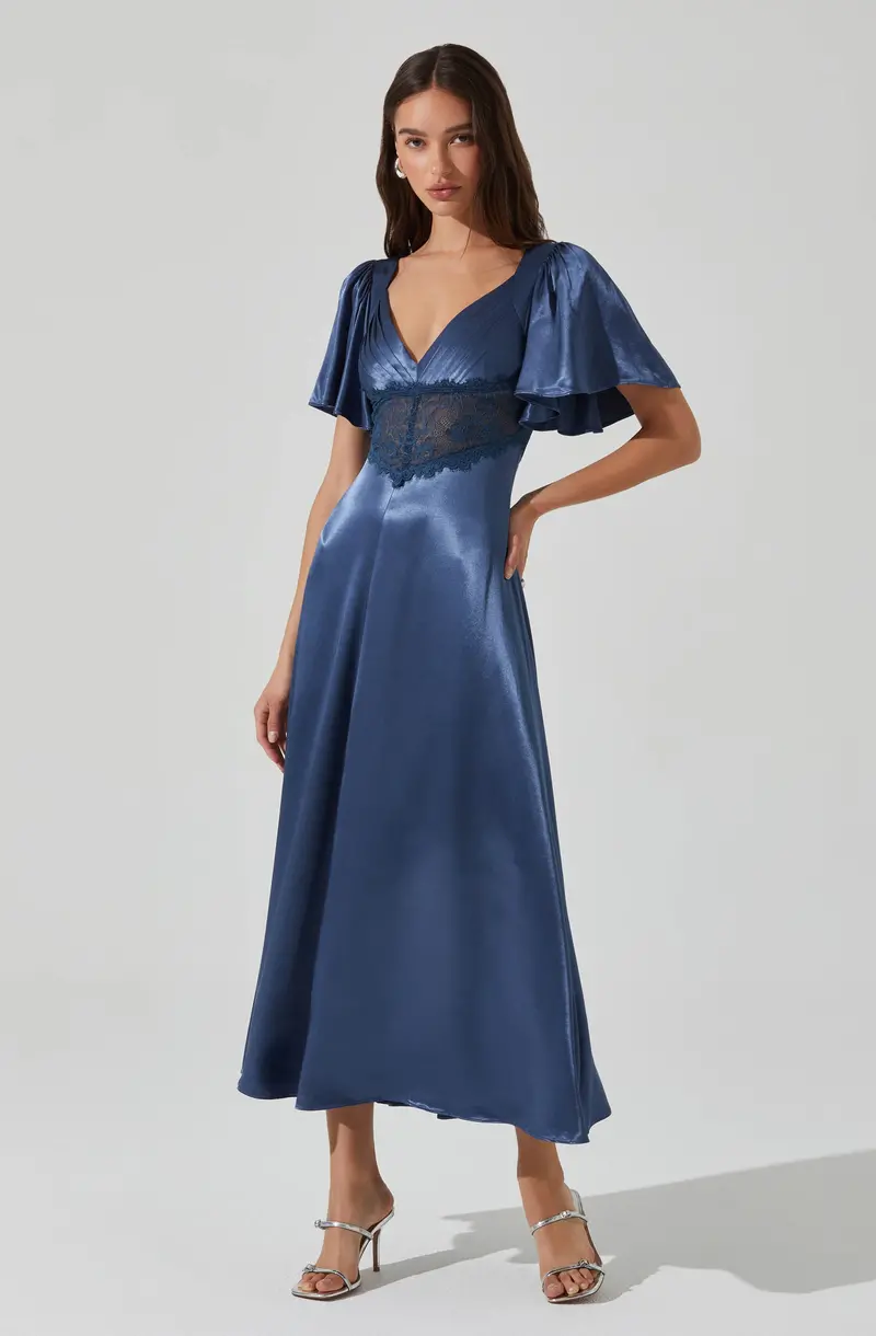 Aurelia Satin V-Neck Fitted Midi Dress