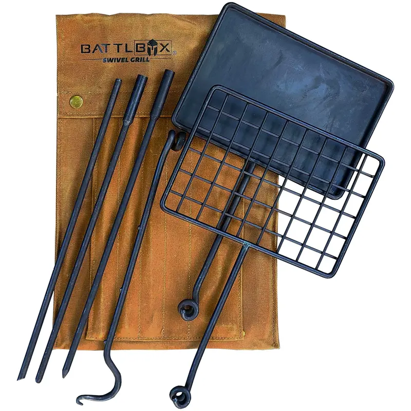BattlBox Bushcraft Swivel Grill Set with Waxed Canvas Carry Case