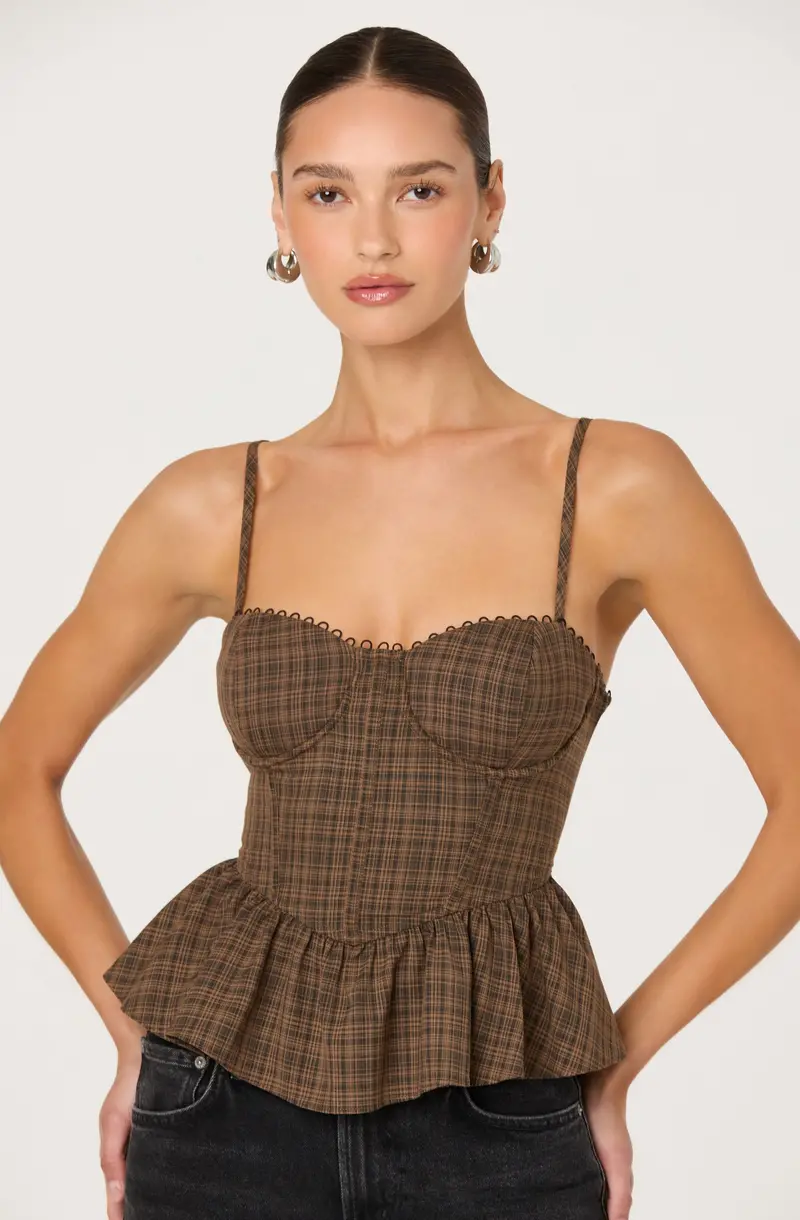 Baylin Plaid Peplum Top with Bustier Detail