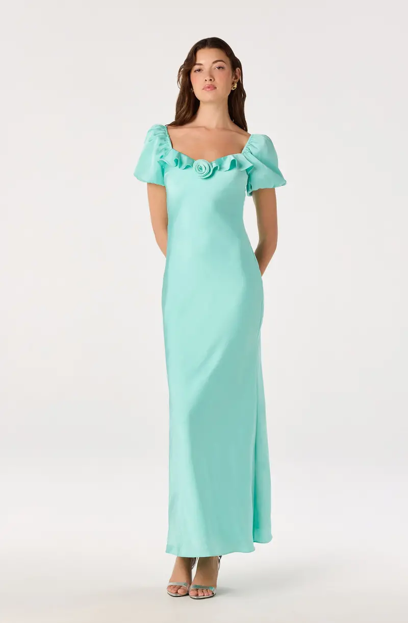Bethrose 3D Rose-Embellished Satin Maxi Dress