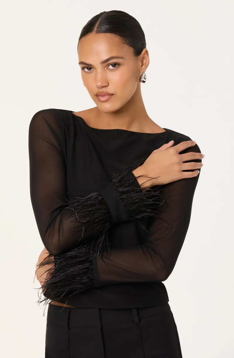 Brisa Feather-Trimmed Mesh Top