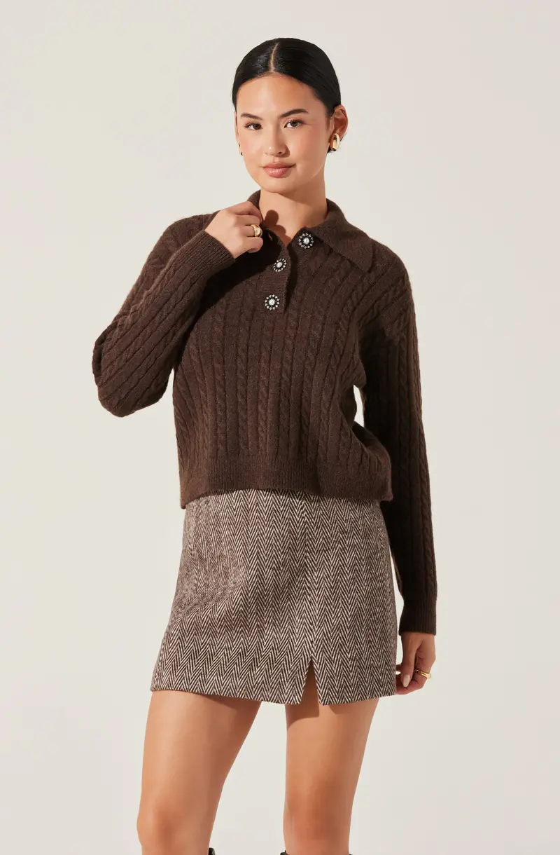 Cable-Knit Polo-Style Short-Sleeve Sweater
