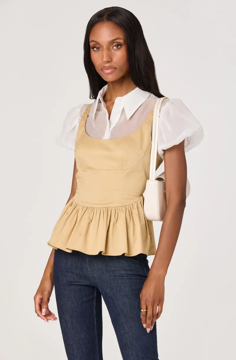 Carrington Mixed-Media Peplum Top with Layered Detail
