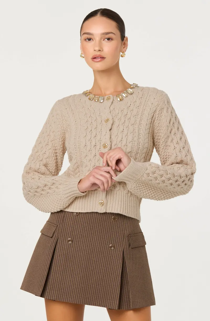 Cathryn Embellished Cable-Knit Button-Up Cardigan
