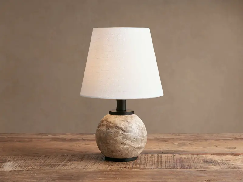 Celia Rechargeable Outdoor Table Lamp – Gray Travertine Base & White Shade
