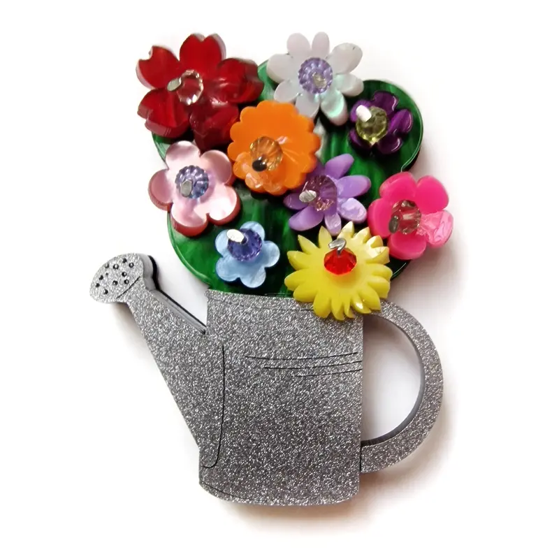 Colorful Flower Watering Can Brooch