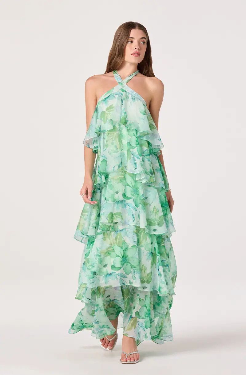 Daiga Floral Halter Dress with Tiered Design
