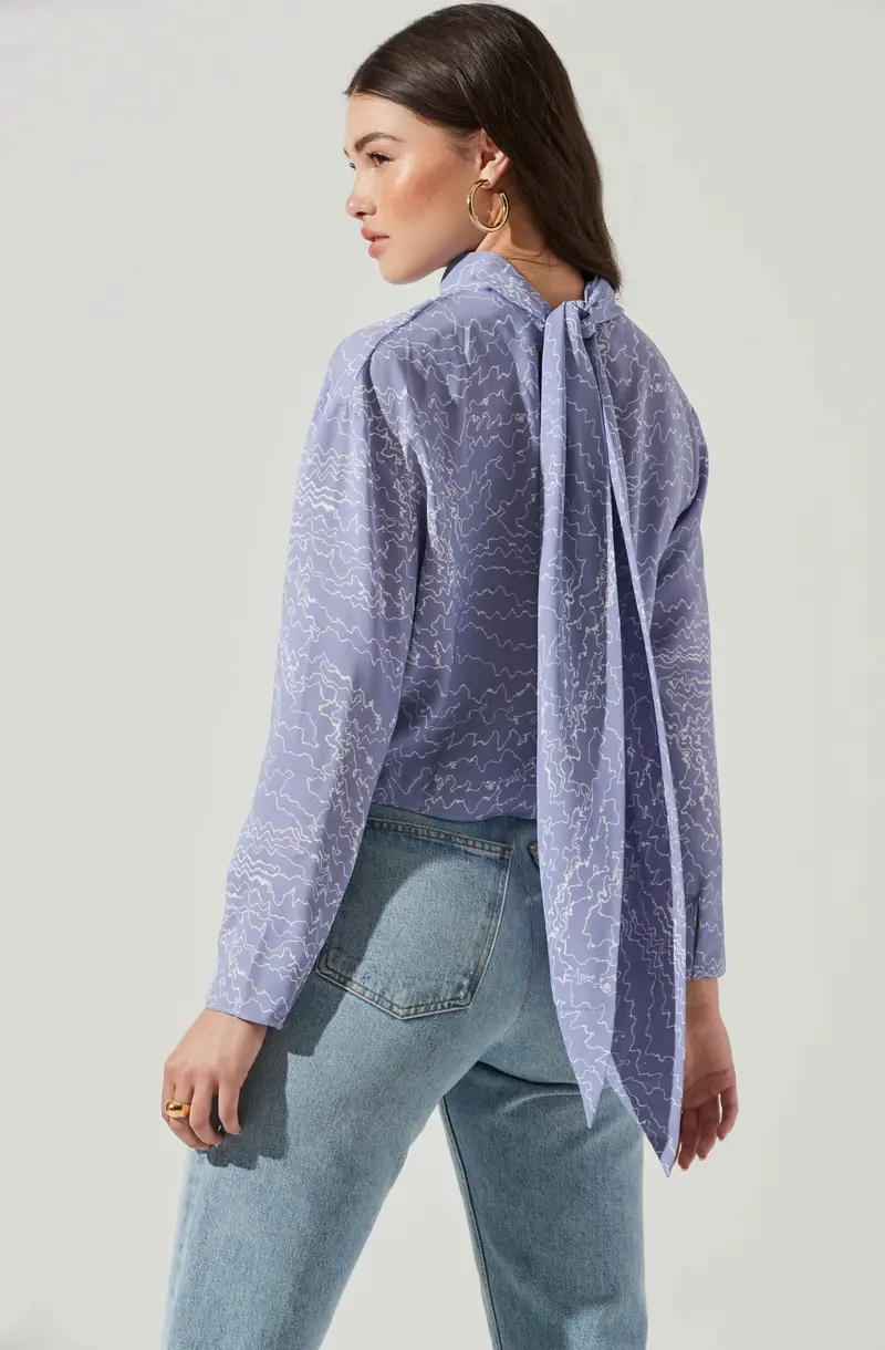 Drape-Front Long Sleeve Tie-Neck Top