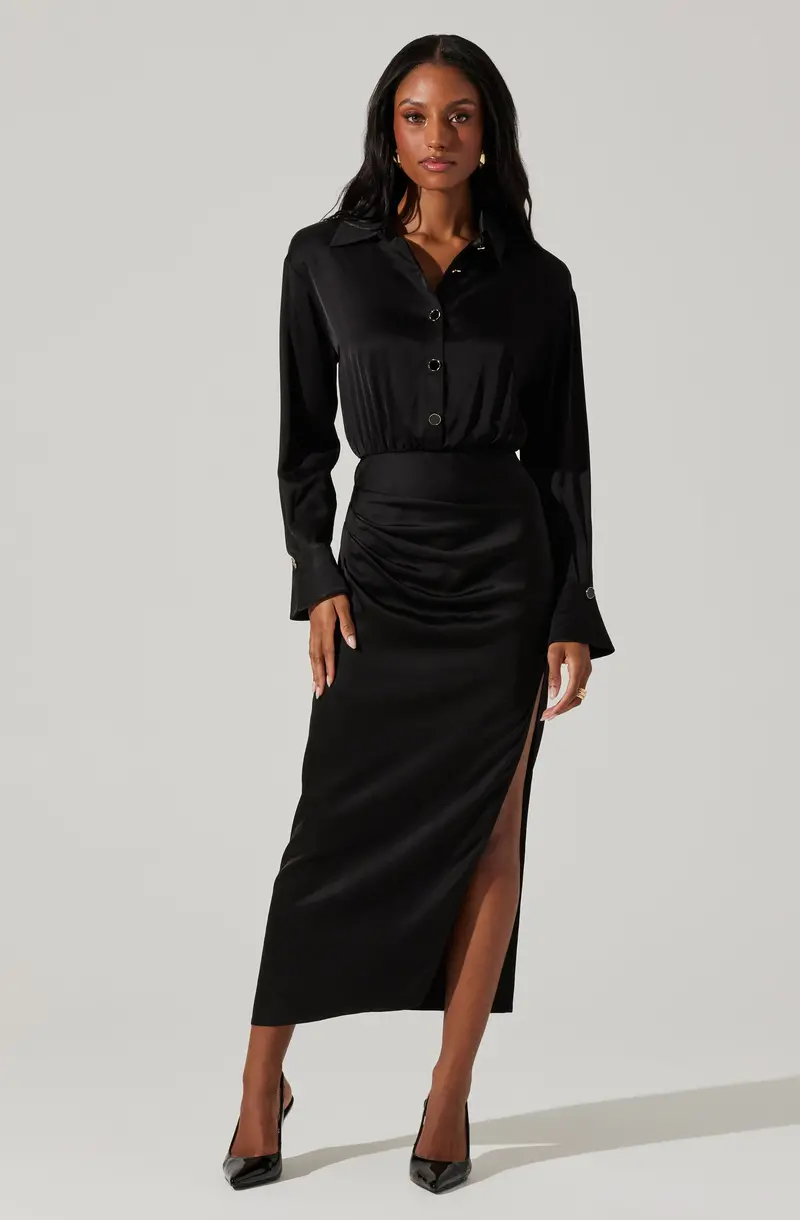 Elizabello Satin Shirt-Style Midi Dress