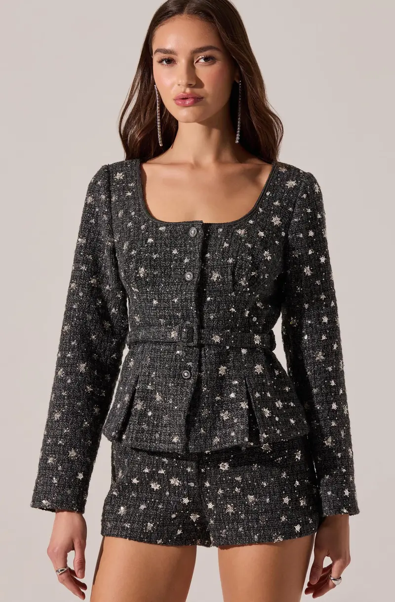 Embellished Pleated Belted Blazer by Carolyn