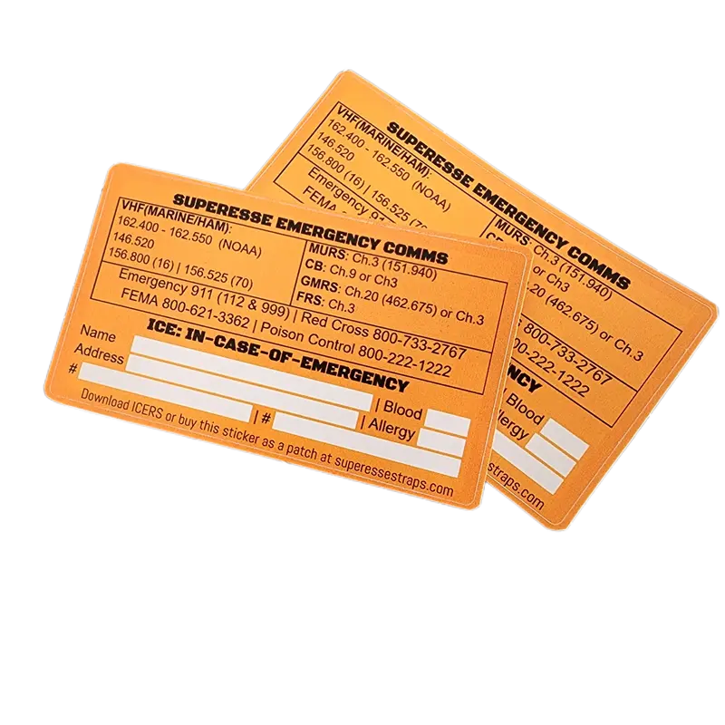 Emergency Communications Decal: ICE Contact Info, Radio Frequencies, and Emergency Call Details