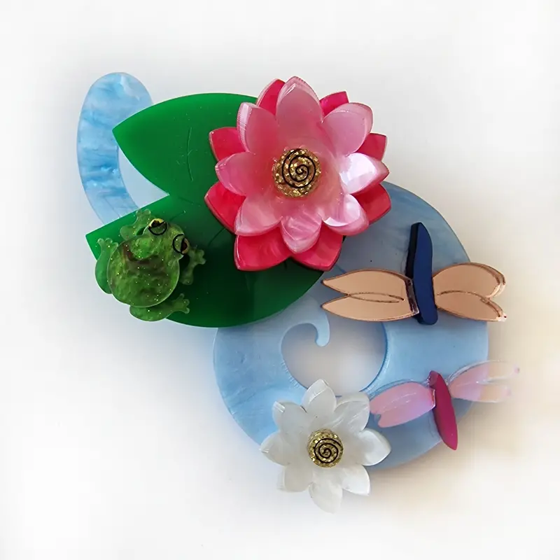 Enamel Brooch Featuring Water Lilies, Frogs & Dragonflies
