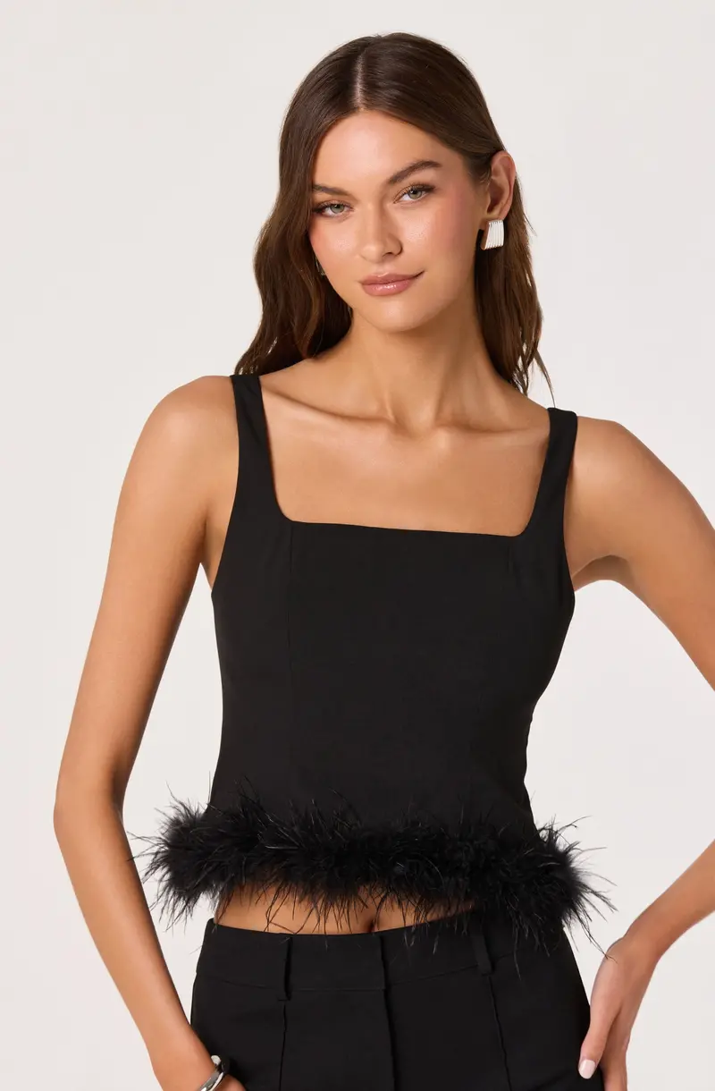 Feather-Trimmed Corset-Style Top