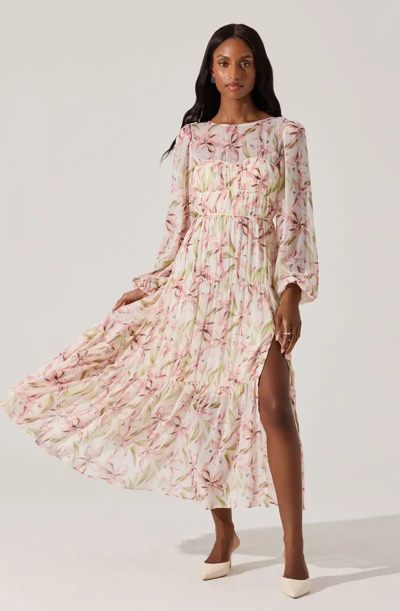 Floral Chiffon Pleated Midi Dress