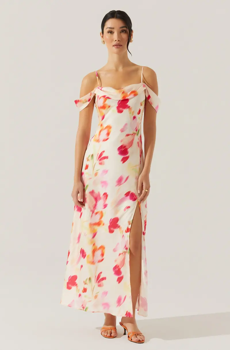 Floral Cold-Shoulder Maxi Dress in Lightweight Fabric