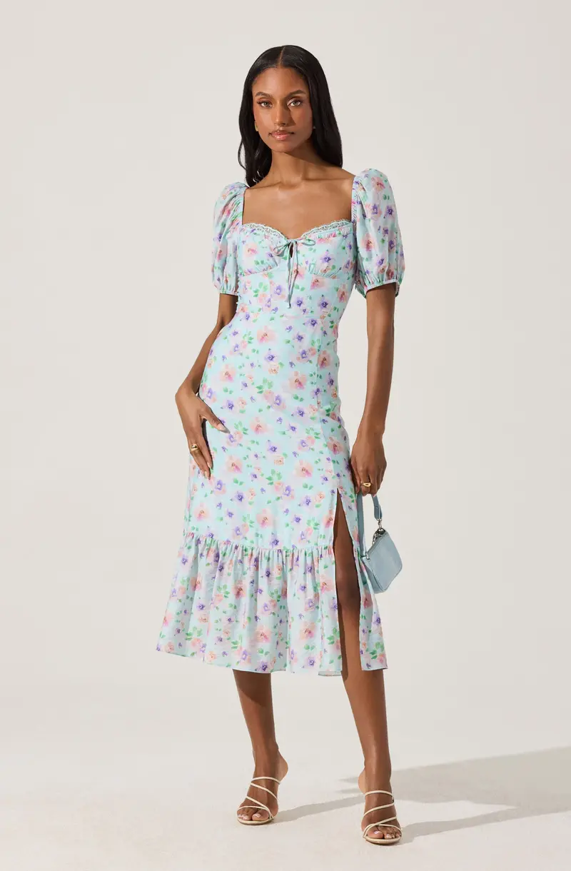 Floral Midi Dress with Lace-Trimmed Bustier