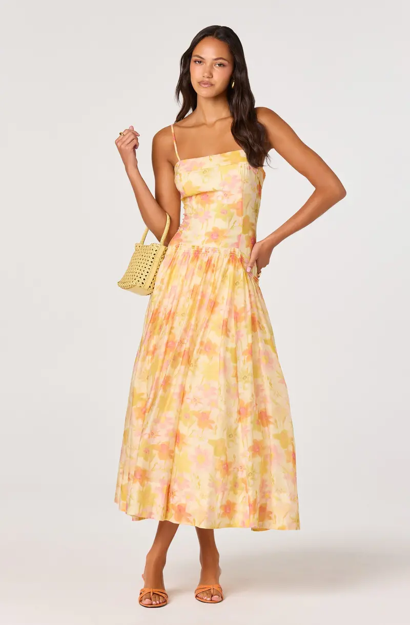 Floral Smocked Drop-Waist Maxi Dress with Flowy Drape
