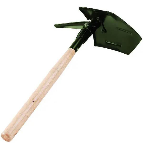 Folding Survival Shovel with Pick End – Green Powder-Coated Steel, Hardwood Handle