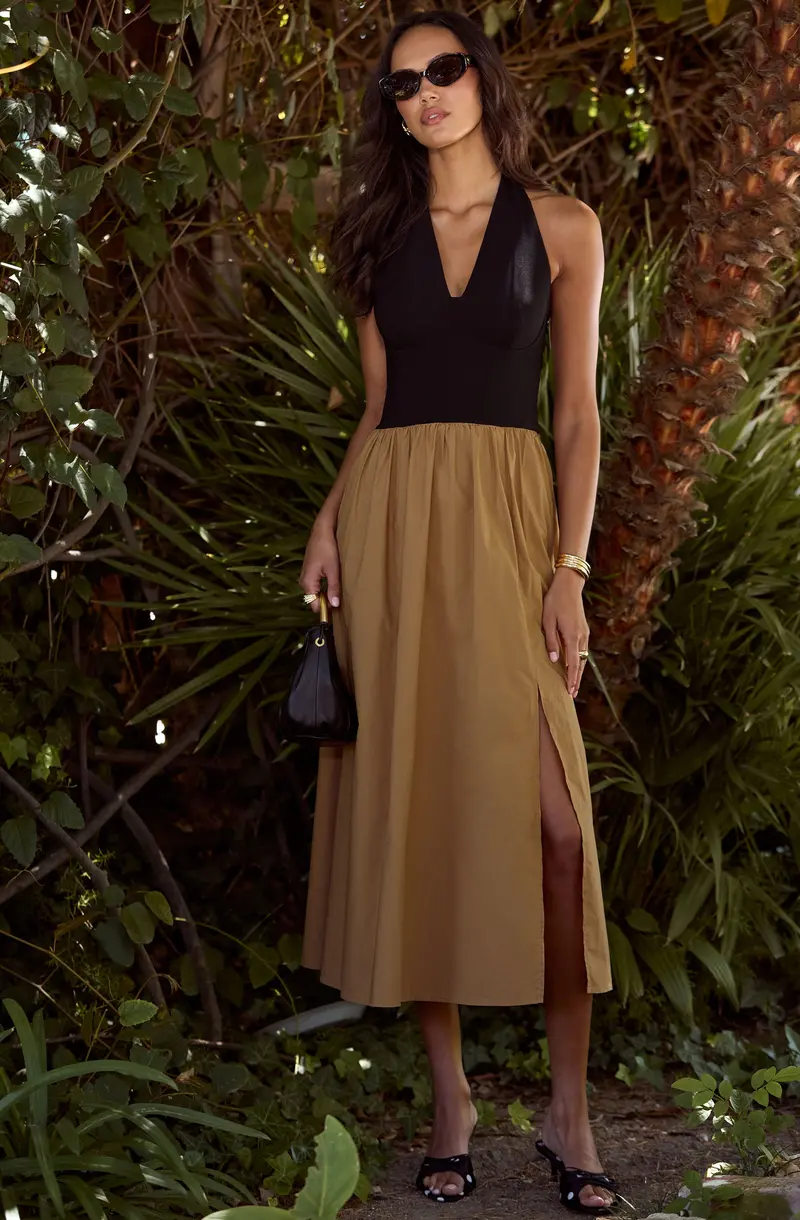 Halter Midi Dress Featuring Mixed Materials