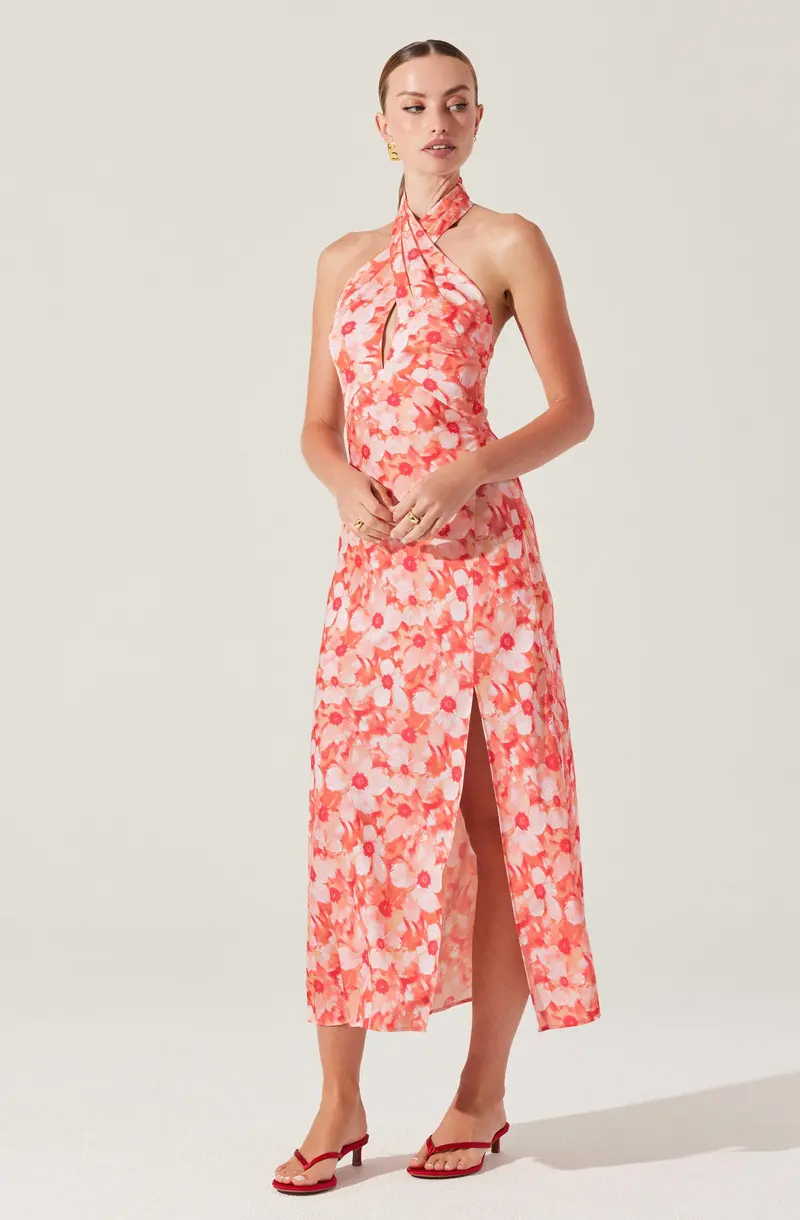 Halter-Neck Floral Midi Dress with Flowy Silhouette