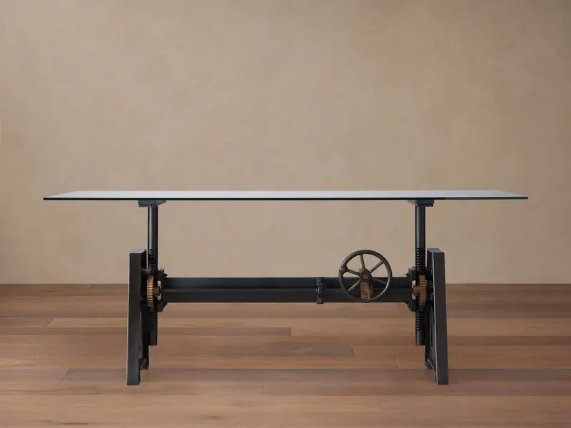 Industrial Crank-Adjustable Desk with Tempered Glass Top and Black Rubbed Copper Base