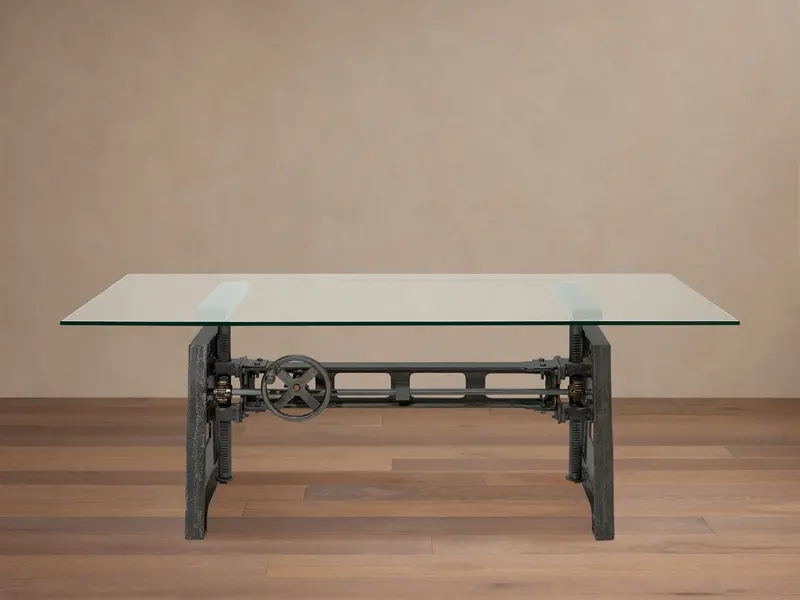 Industrial-Style Crank Adjustable Desk with Tempered Glass Top