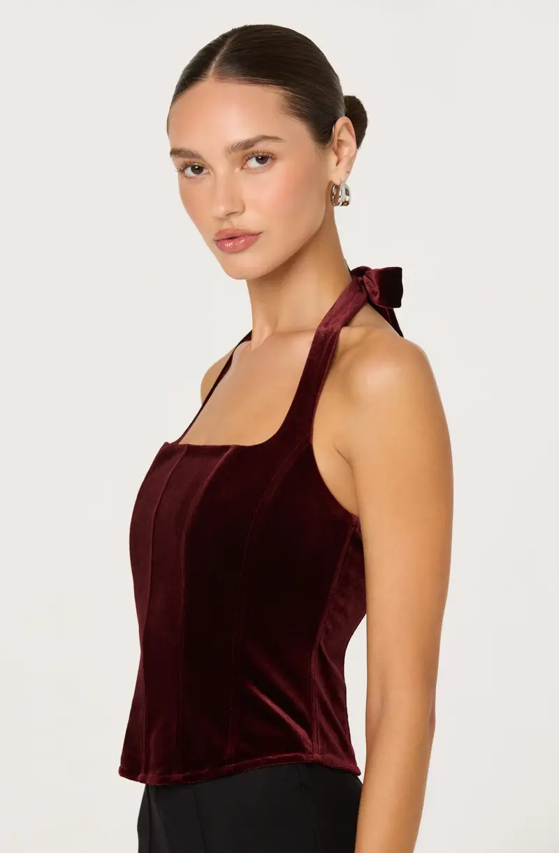 Jacy Velvet Corset Halter Top with Boning Detail