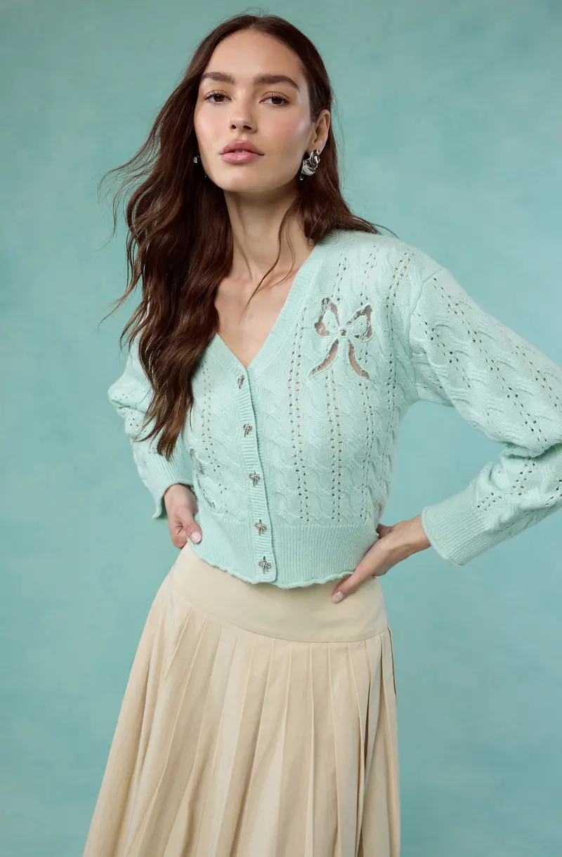 Kalen Cable-Knit Cardigan Featuring Bow Cutouts