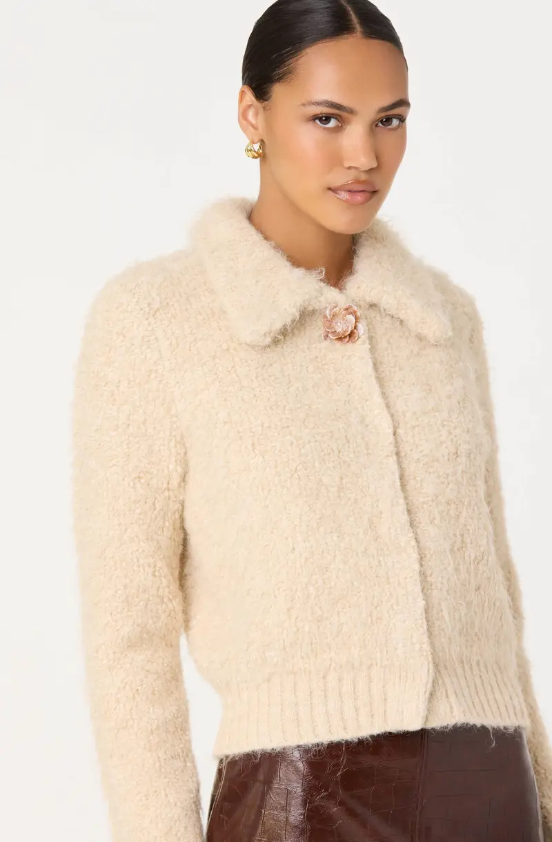 Karime Fuzzy-Collar Lightweight Cardigan