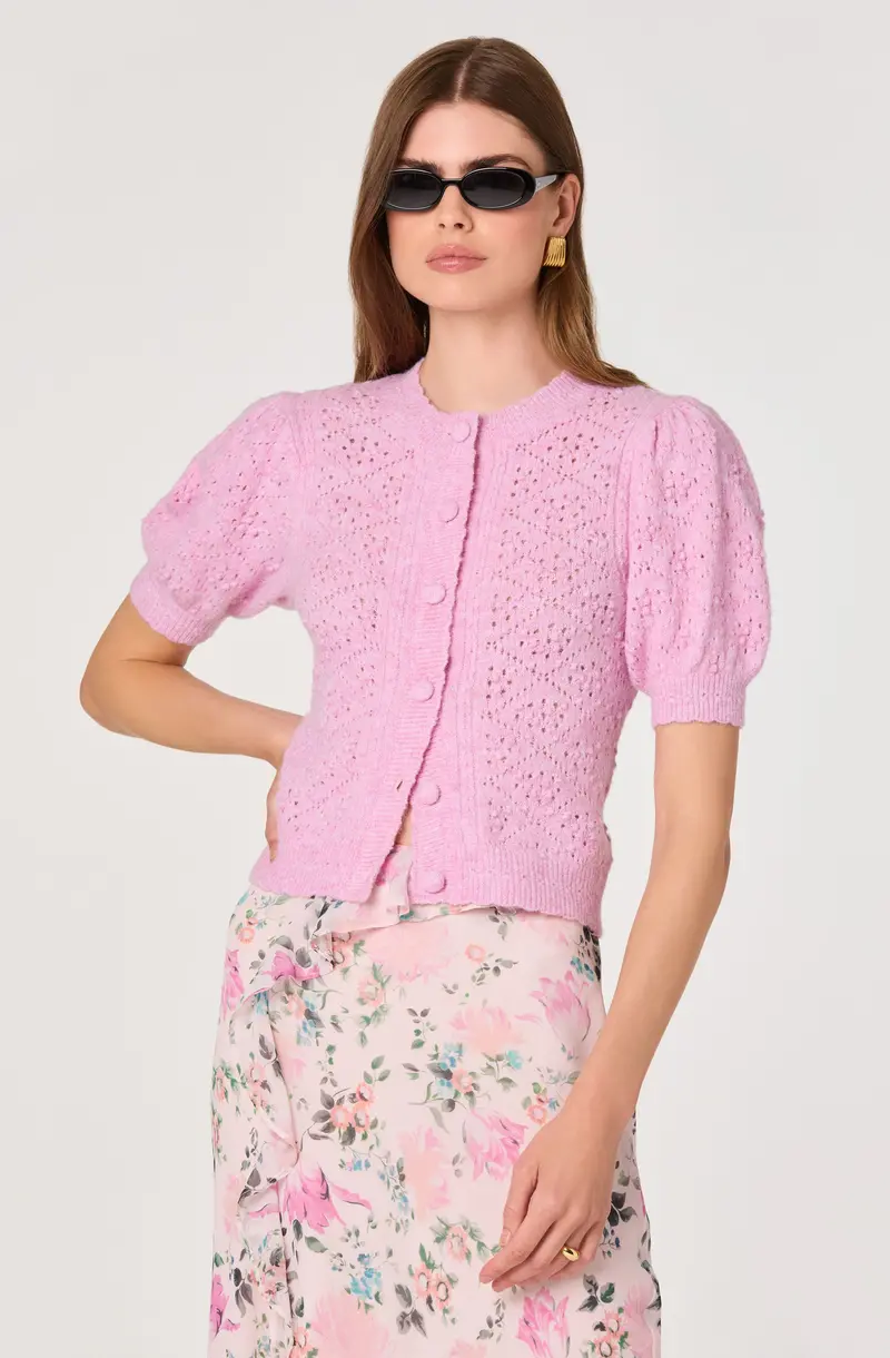 Kaydence Bobble-Stitch Cardigan with Puff Sleeves