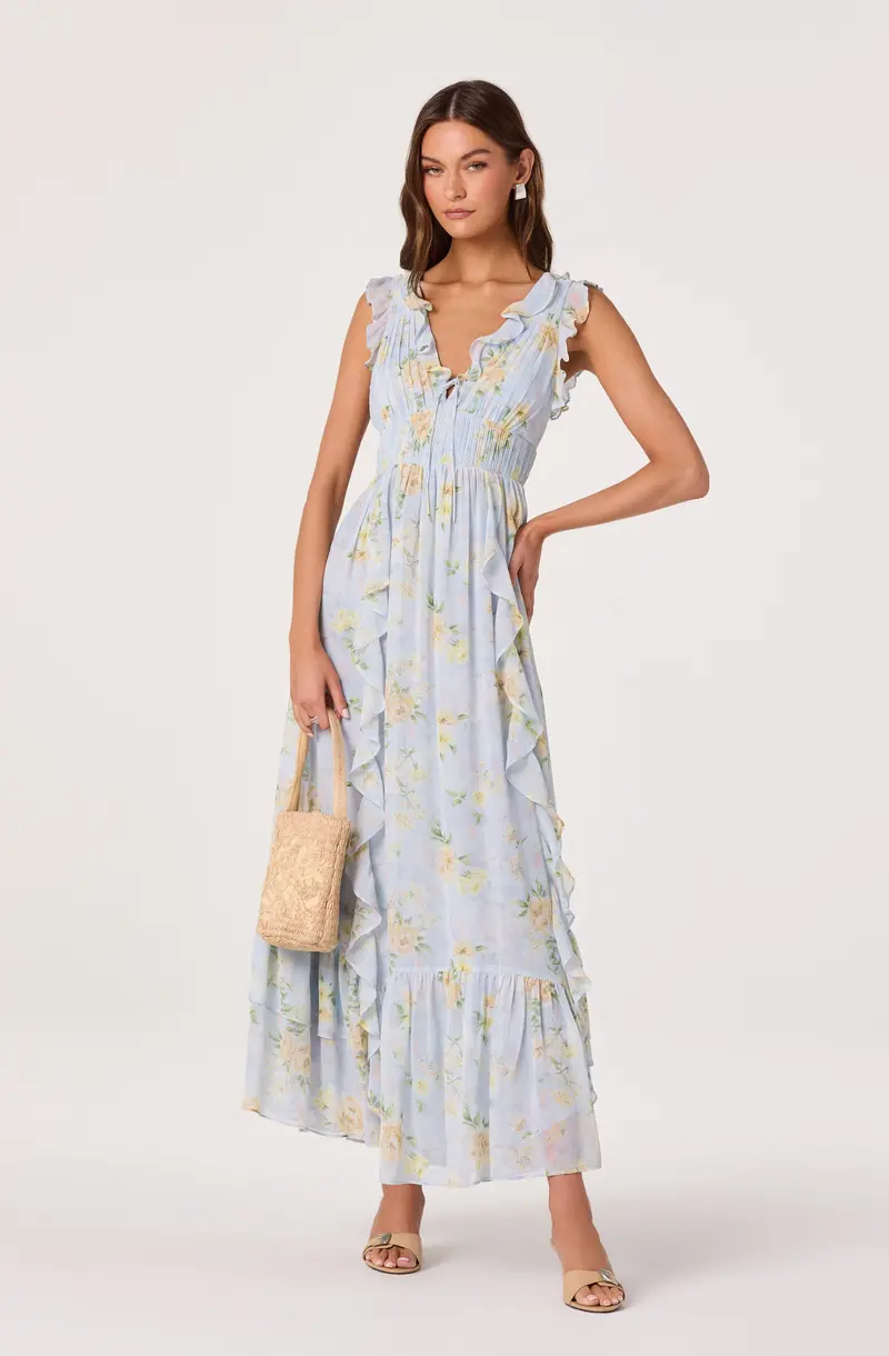 Kindra Deep-V Ruffle Maxi Dress – Flowy Evening Gown
