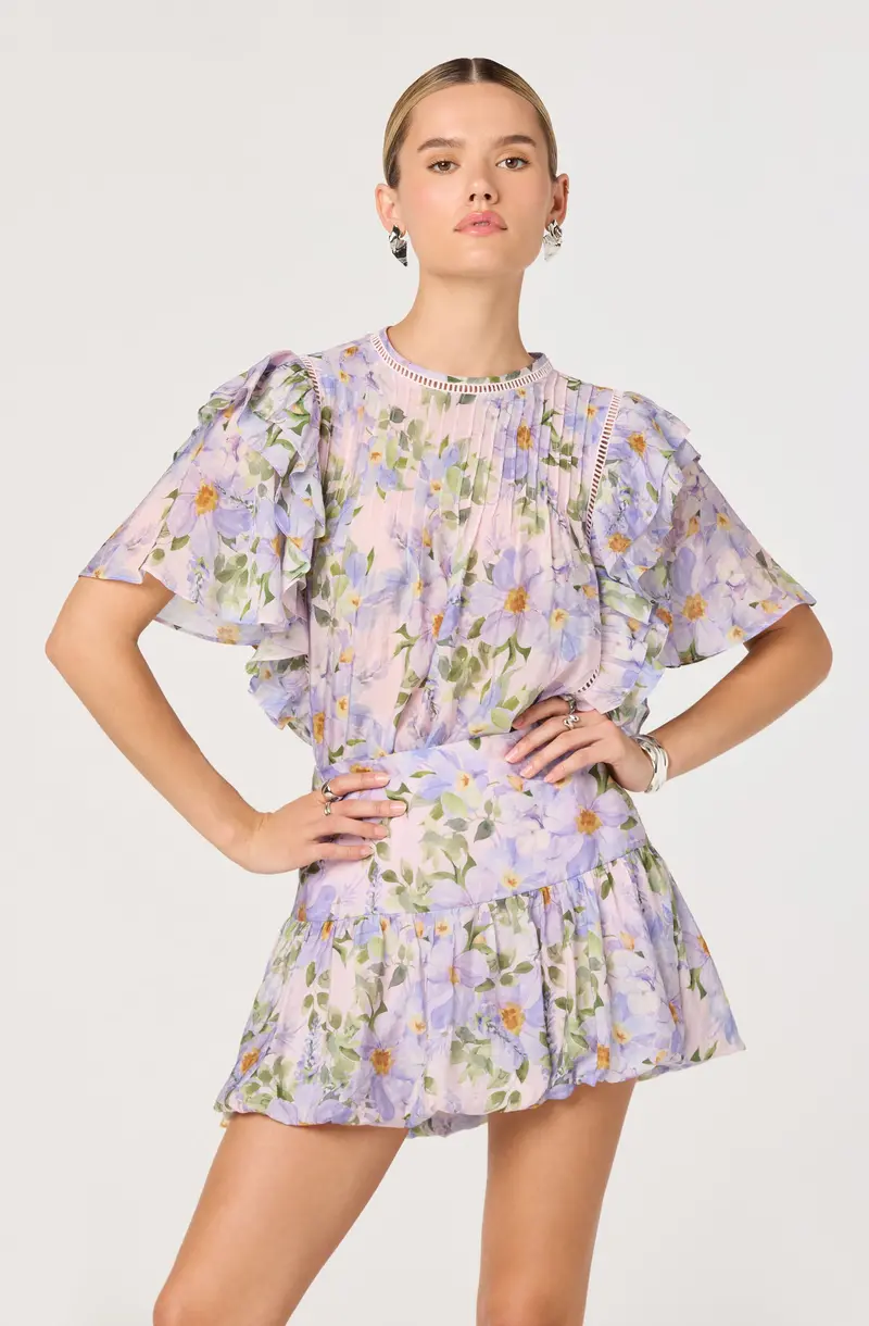 Kinley Floral-Print Top with Flutter Sleeves and Ruffles