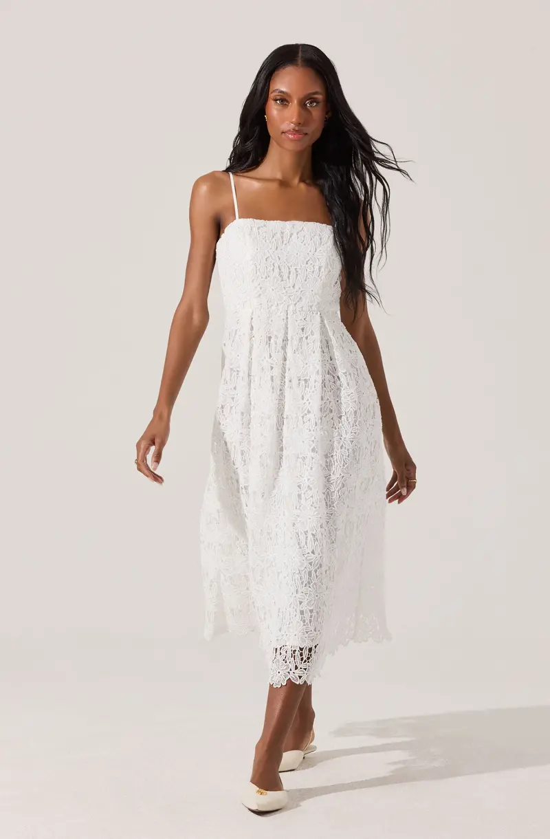 Lace-Trimmed Floral Midi Dress with Soft Drape