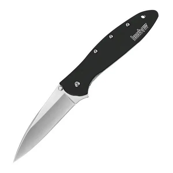 Leek Assisted Knife with Black Anodized Aluminum Handle and Stonewashed Plain Blade with Clip