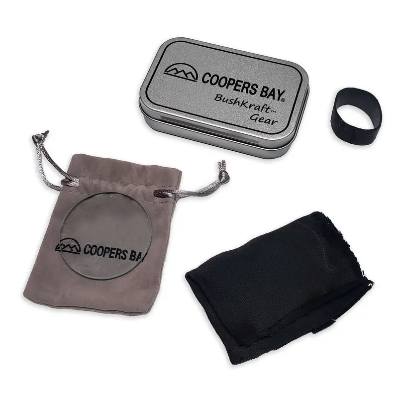 Lens-Based Fire Starter Kit – Magnifying Glass, Char Cloth & Tin Container