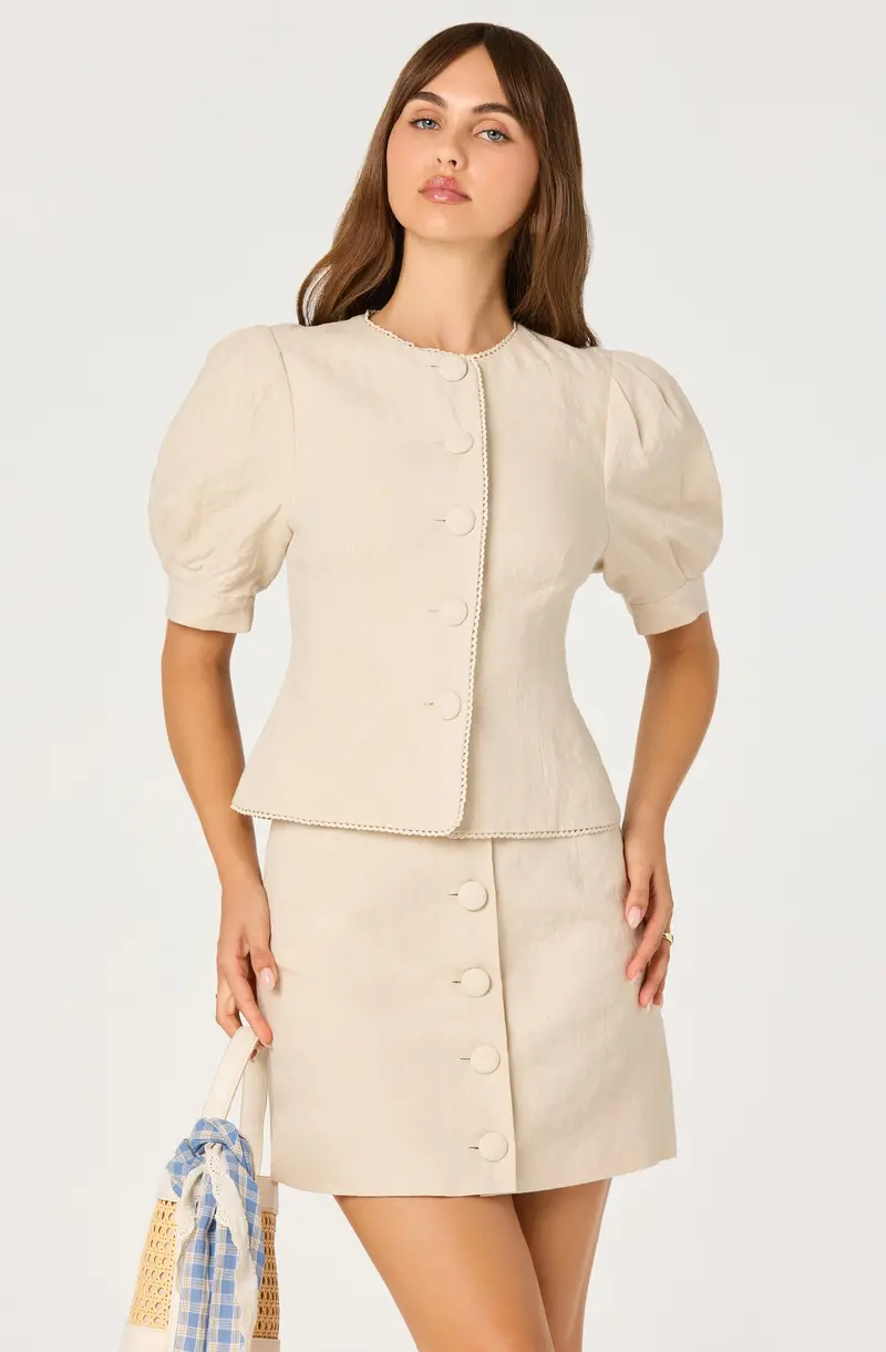 Linen Button-Front Top with Puff Sleeves – Cailey